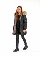 Girls longline parka jacket fur trim hood black 3-14y, featuring faux fur trim and leopard print lining. Perfect for stylish winter warmth.