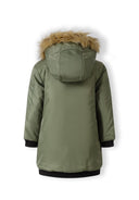 Girls longline parka jacket with faux fur hood khaki 3-14y. Features a soft faux fur trim, longline design, and reliable warmth.