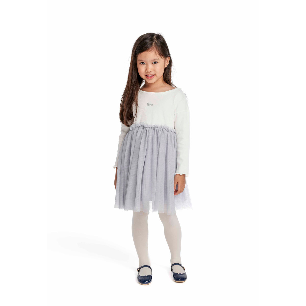 Girls' mesh skirt dress in white and grey — complete product view for square Shop card