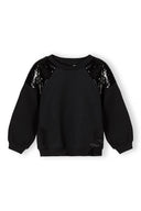 Girls crew sweatshirt with sequin and eyelet detail black 3-14y, ribbed neckline, balloon sleeves, sequin panels.  