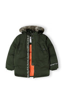Boys parka jacket with fur trim hood khaki 2-14y, featuring a hood with faux fur, full zip closure, and two chest pockets.  