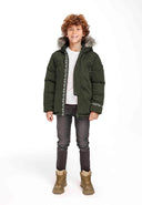 Boys parka jacket with fur trim hood khaki 2-14y, featuring soft faux fur trim, full zip closure, and a comfortable fit.