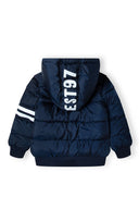 Boys padded bomber jacket with snorkel hood navy 2-14y, featuring warm padding, navy exterior, and sporty white stripe accents.