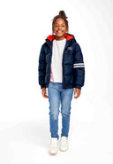 Boys padded bomber jacket with snorkel hood navy 2-14y in warm padded design, featuring a contrasting red lining for extra style and warmth.