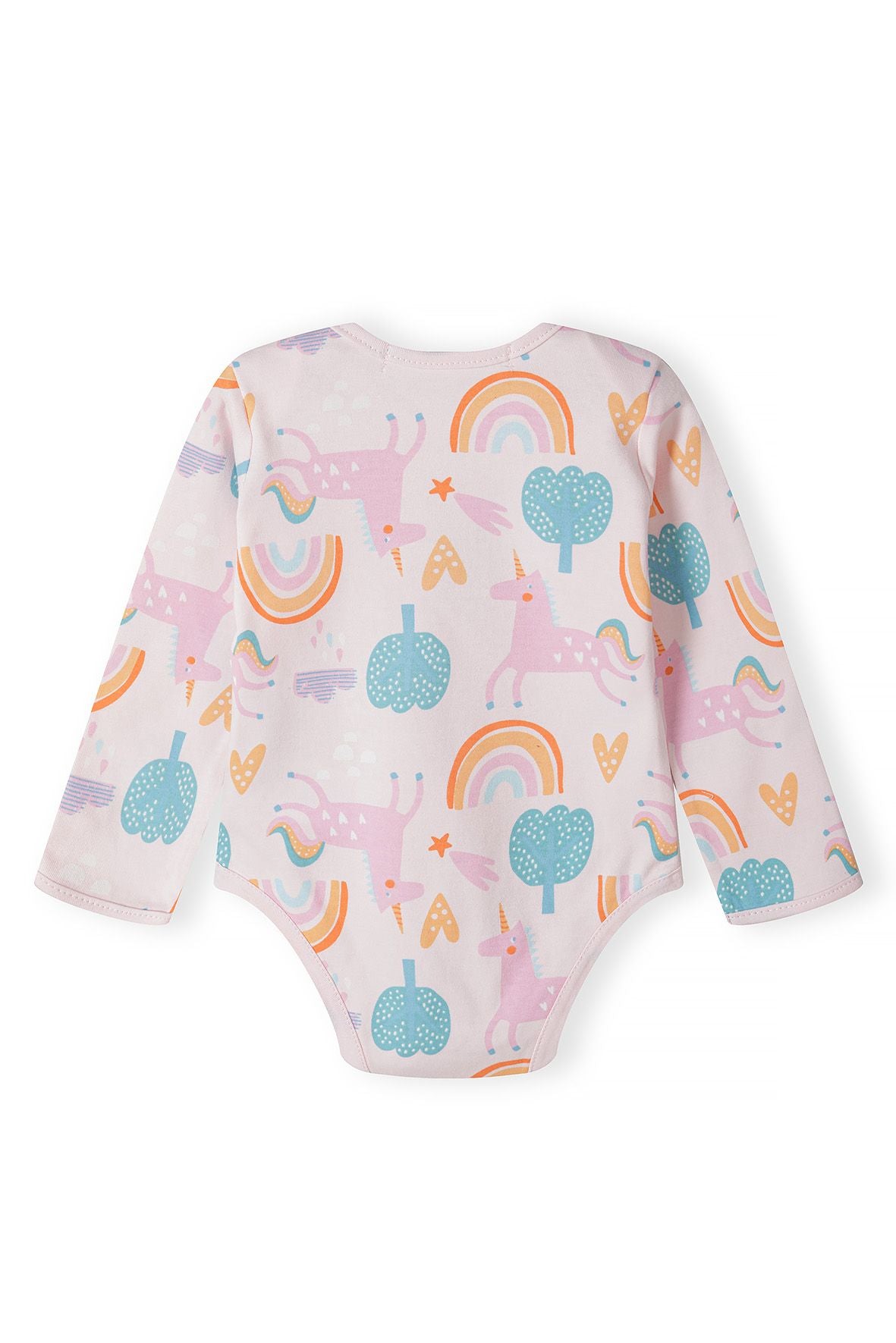 Teal and light pink long-sleeved bodysuits, pink unicorn back.