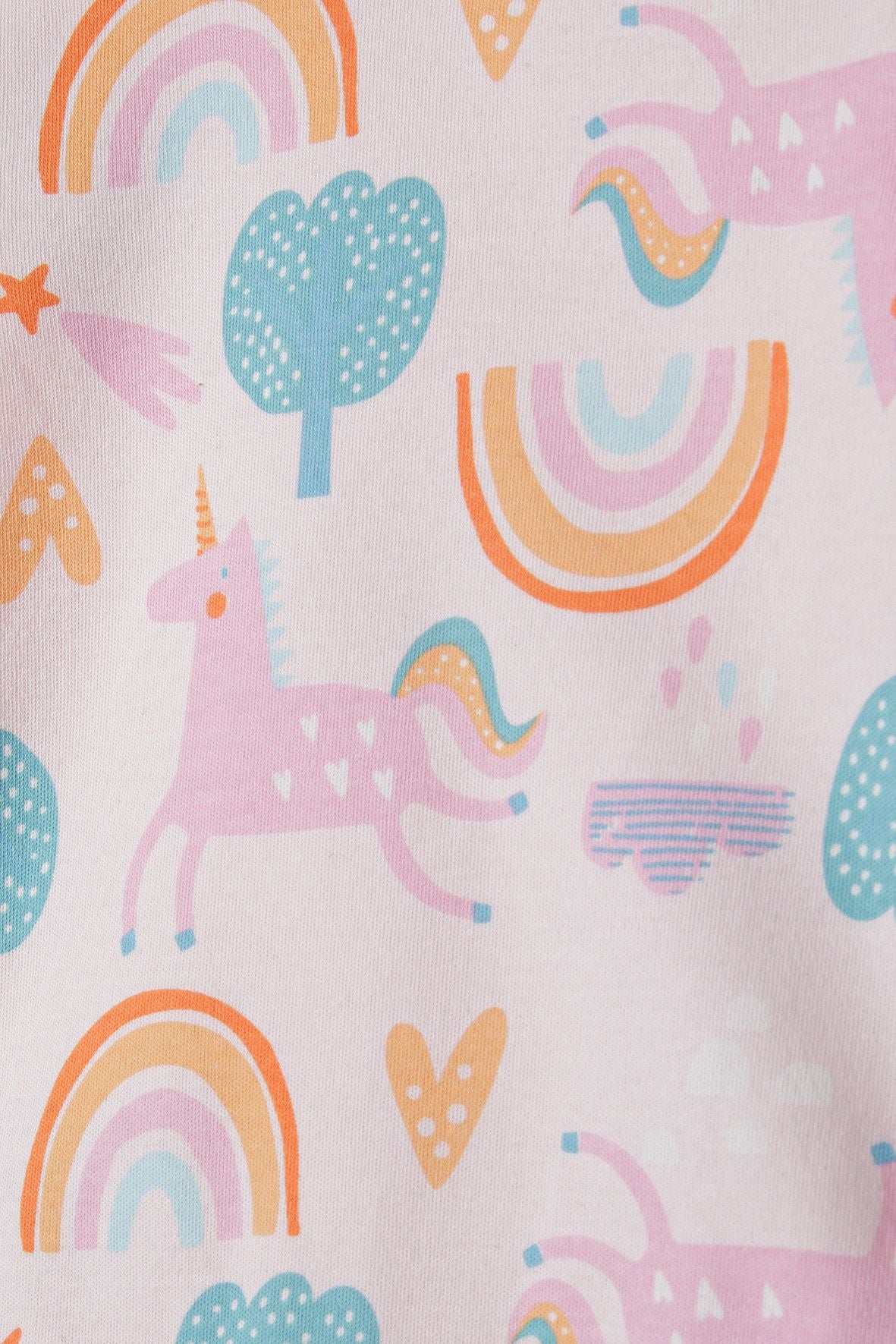 Teal and light pink long-sleeved bodysuits, unicorn print detail.