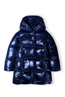 Girls longline padded jacket hooded cobalt blue 2-14y with glossy finish, chunky padding, and cozy hood.