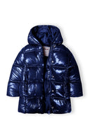 Girls longline padded jacket hooded cobalt blue 2-14y with shiny texture and chunky padding for warmth. Features a cosy hood.