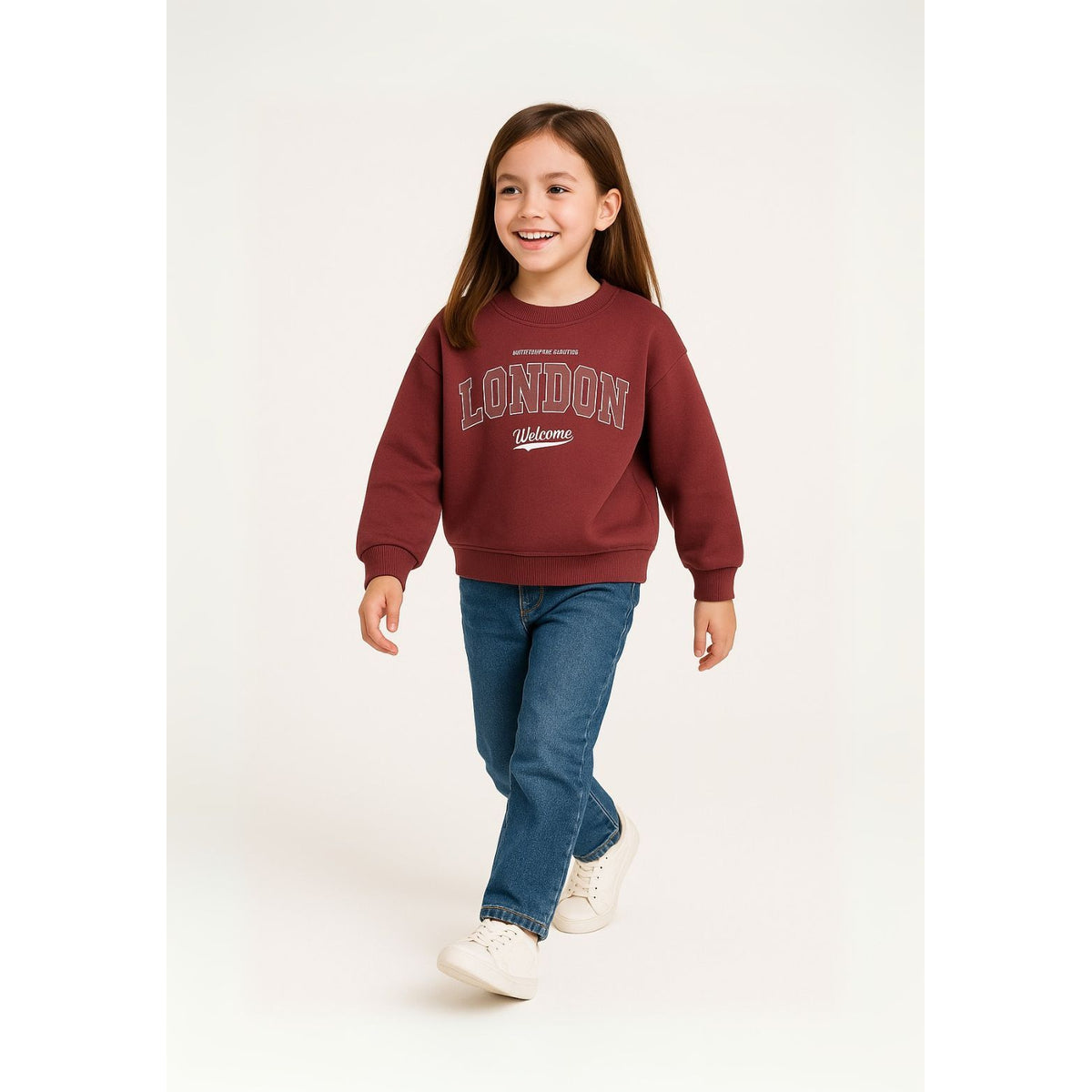 Girls' crew neck sweatshirt in burgundy — complete product view for square Shop card