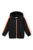Girls zip thru jogpant set multicolour taping black 3-14y, soft black fleece hoodie, multicolour striped taping, practical design.