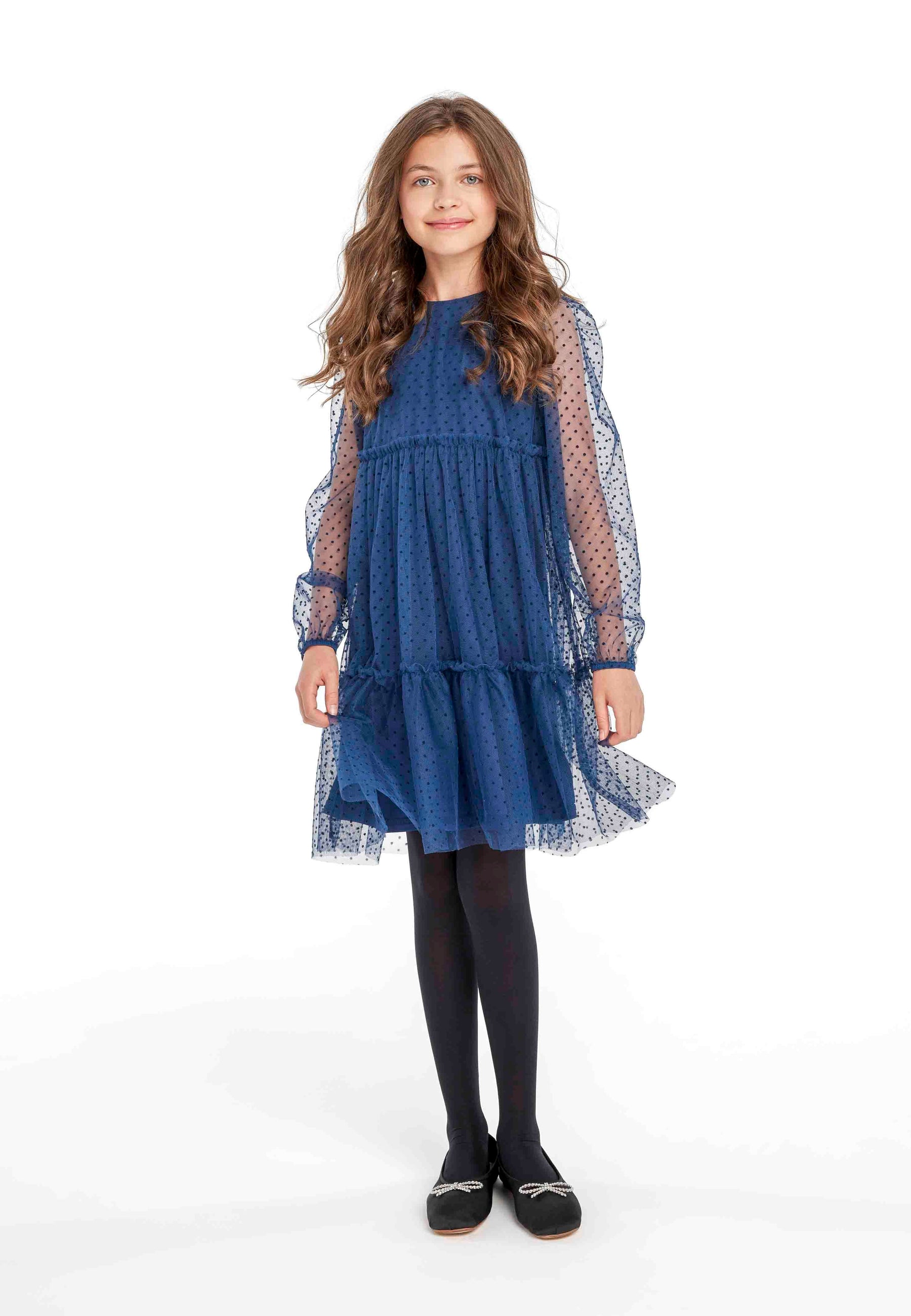 Party Dress Navy Flock Spot, Tiered Tulle, Long Sleeve - 1