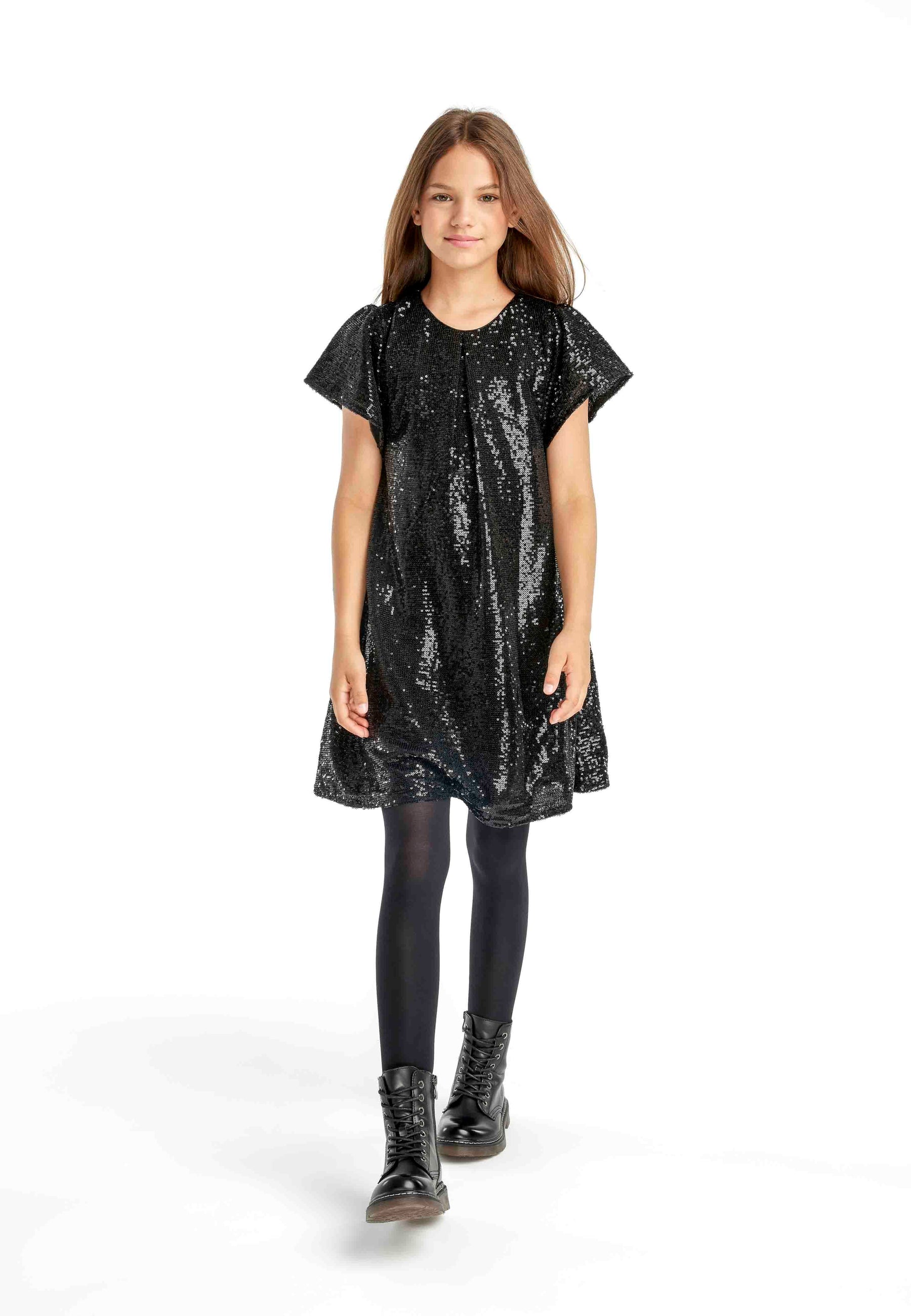 Sequin Party Dress, Flutter Sleeves, Black - 1