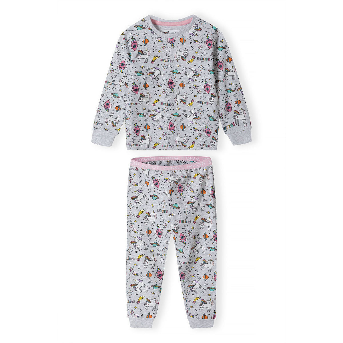 Girls' long pyjamas in grey marl and pink — complete product view for square Shop card