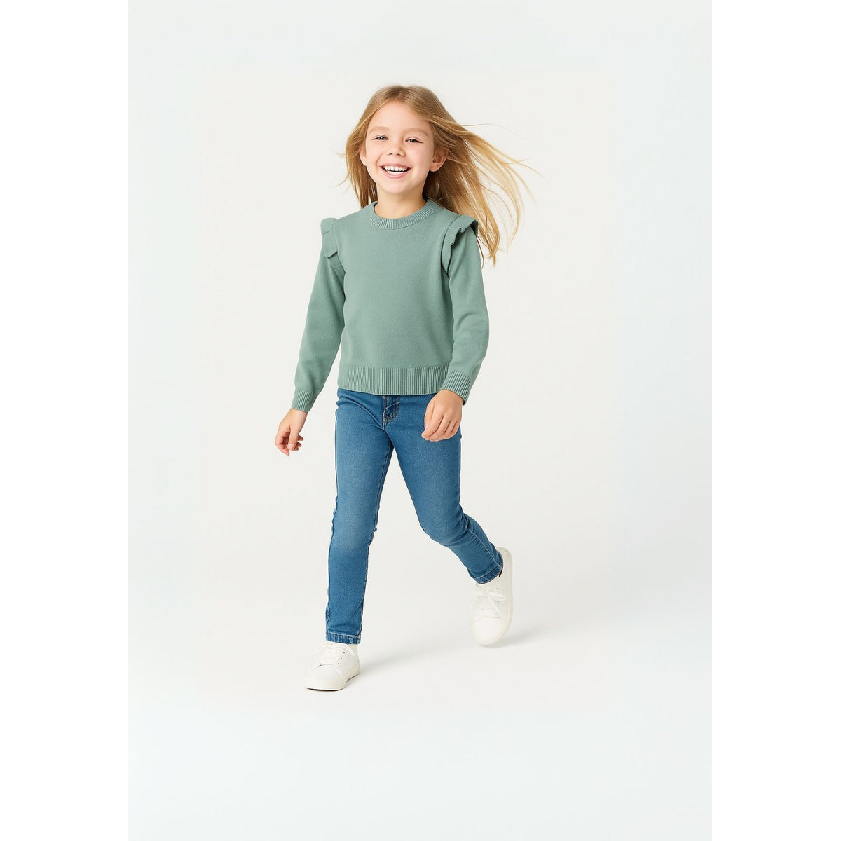Girls' frill shoulder jumper in sage green — complete product view for square Shop card