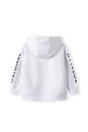 White boys fleece hoodie with chest pocket, soft fabric, sizes 2-14y, features printed details on sleeves for style.