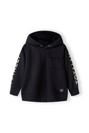 Boys fleece hoodie in black with chest pocket, relaxed fit, and sleeve prints for ages 2-14y. Ideal for casual wear.