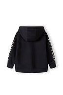 Boys fleece hoodie in black with relaxed fit, adjustable hood, sleeve prints, and chest pocket for ages 2-14y.