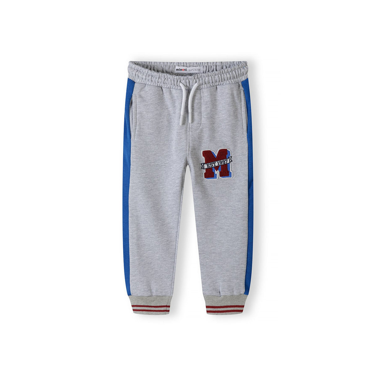 Boys' side stripe joggers in grey marl and blue — complete product view for square Shop card