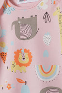 Light pink short sleeve bodysuit featuring colorful animal prints and icons, tailored for girls aged 0-18m. Lightweight, relaxed fit.