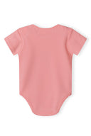 Light pink short sleeve bodysuit for girls, soft cotton material, designed for ages 0-18m. Perfect for everyday comfort.