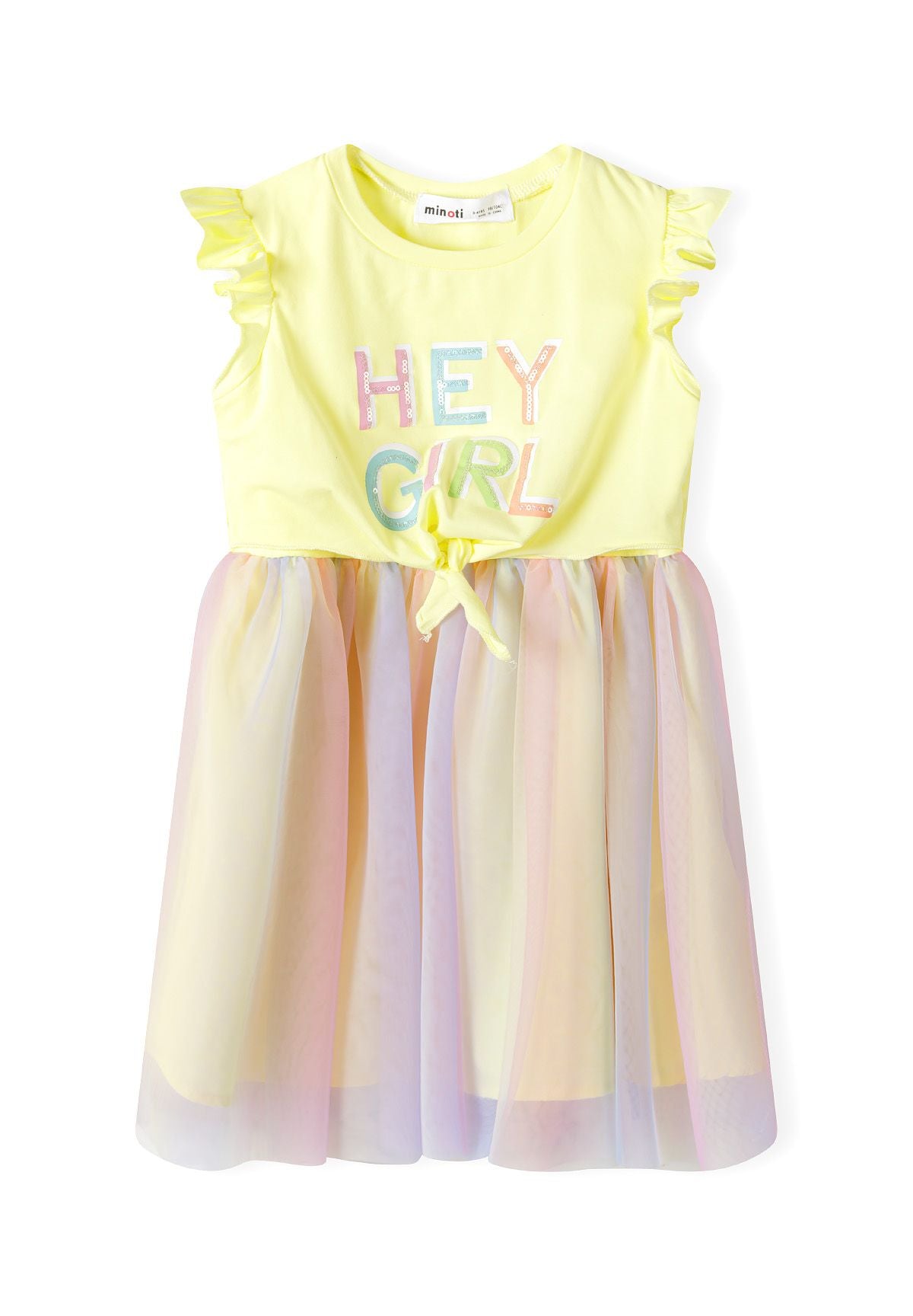 Frill Sleeve Dress, Mesh Rainbow Skirt, Yellow - 2