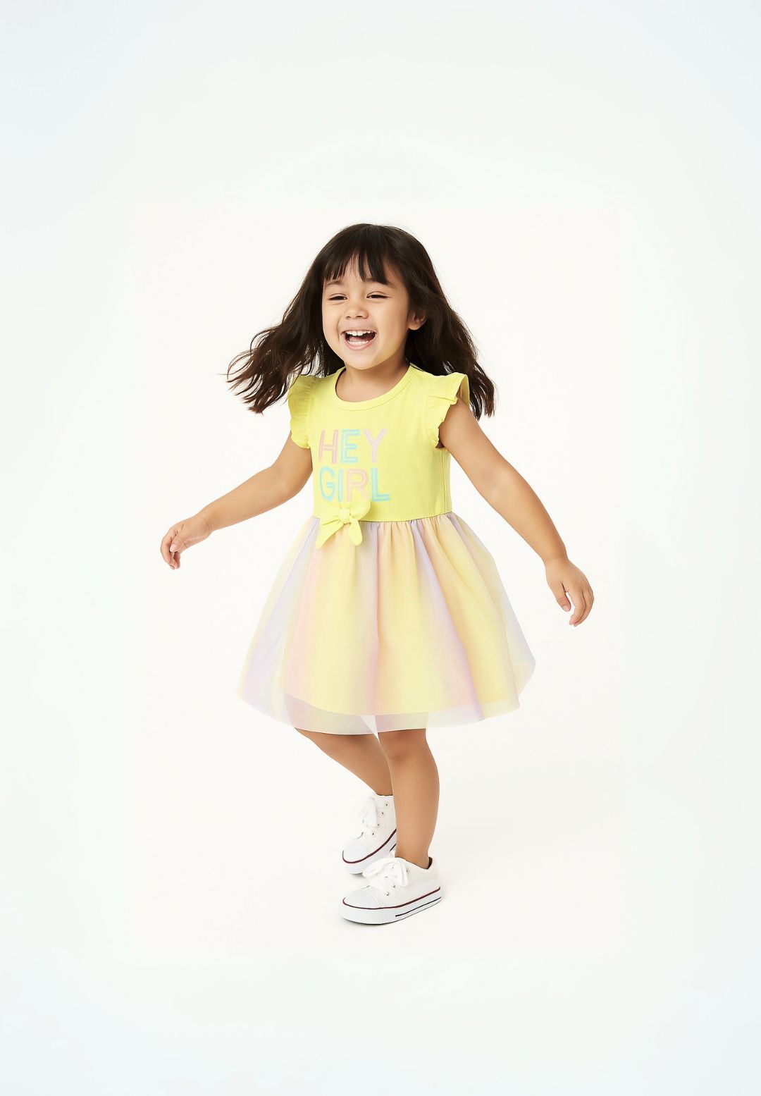 Frill Sleeve Dress, Mesh Rainbow Skirt, Yellow - 1