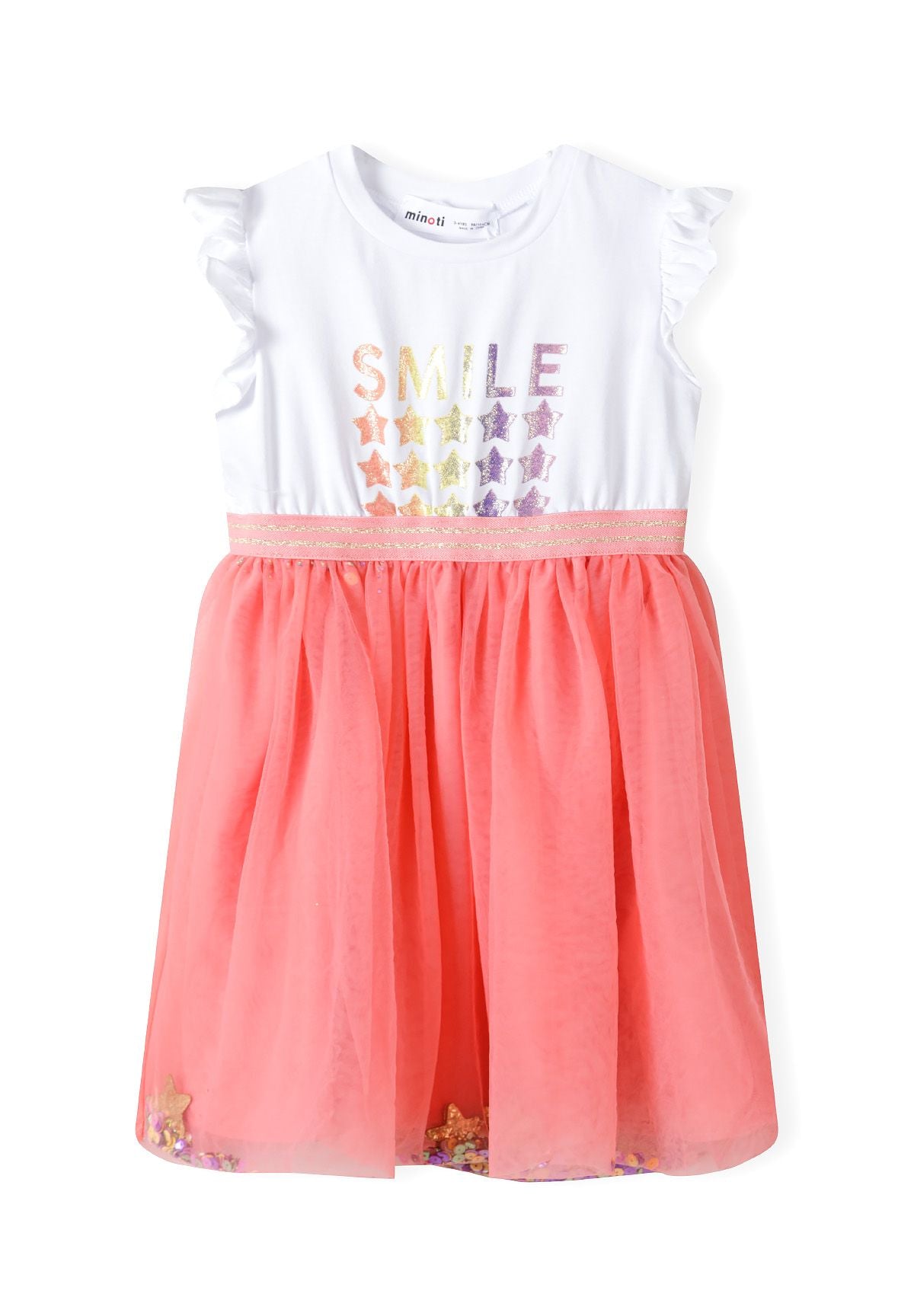 Frill Sleeve Dress, SMILE Star Print, White Coral - 2