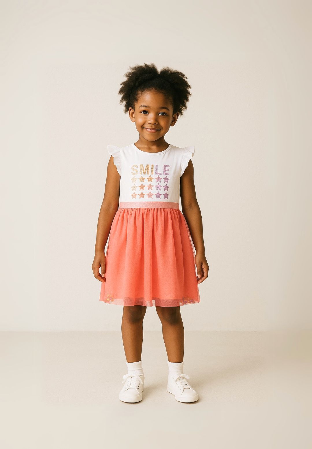 Frill Sleeve Dress, SMILE Star Print, White Coral - 1