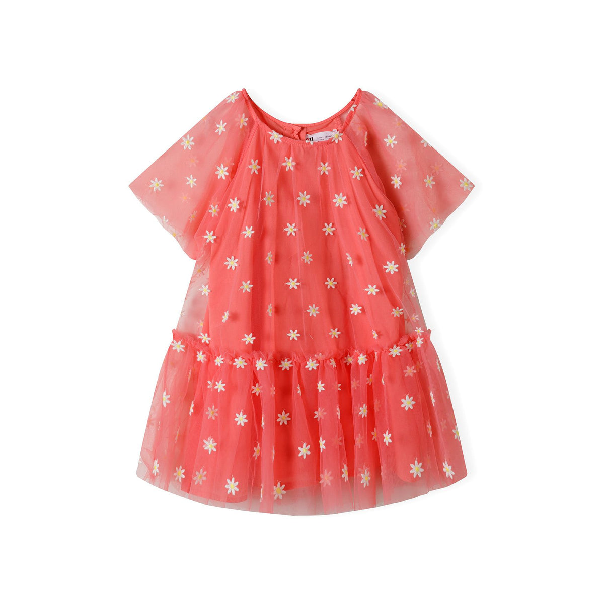 Girls' daisy mesh dress in coral — complete product view for square Shop card