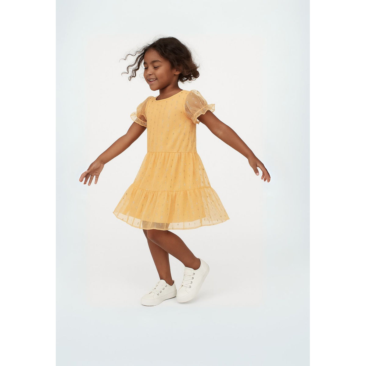 Girls' sparkly mesh tiered dress in light orange — complete product view for square Shop card