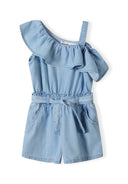Girls playsuit off-the-shoulder with pockets light blue 2-14y, featuring frilled asymmetric cut and breathable chambray fabric.