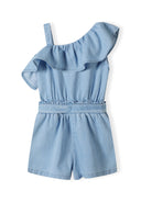 Girls playsuit off-the-shoulder with pockets light blue 2-14y, featuring a frilled neckline, elasticated waistband, and breathable chambray fabric.