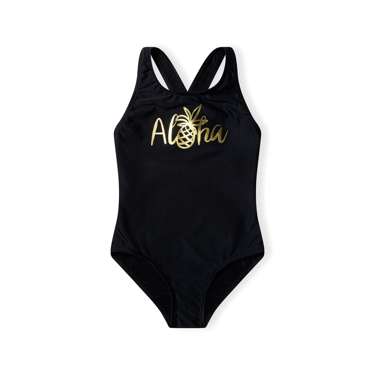 Girls' cross-back swimsuit in black — complete product view for square Shop card