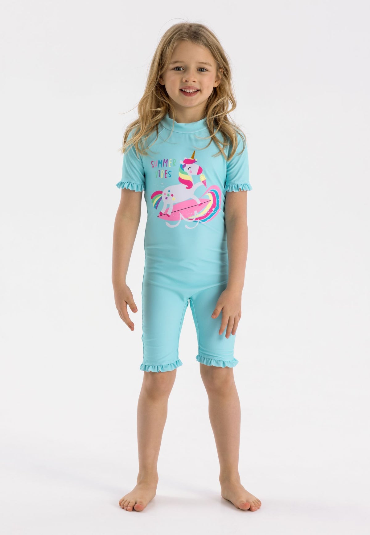 Rash Suit and Hat Set, Unicorn Print, Light Blue - 1