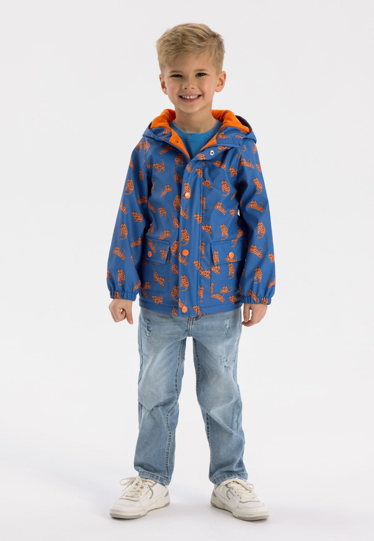 Rain Jacket Tiger Print Blue Hooded Waterproof - 1