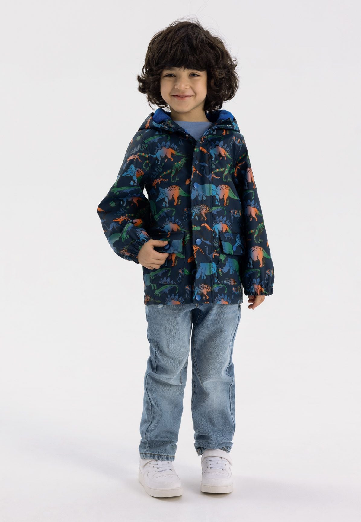 Rain Jacket Dinosaur Print Navy Waterproof Hooded - 1