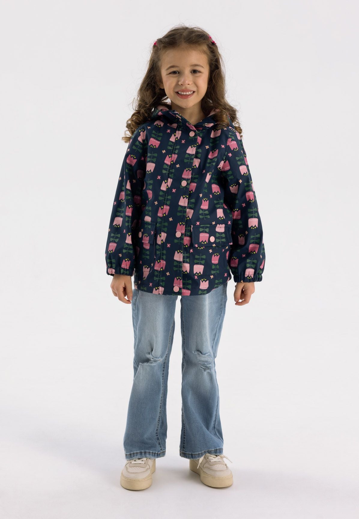 Printed Rain Jacket Navy Hooded Waterproof - 1