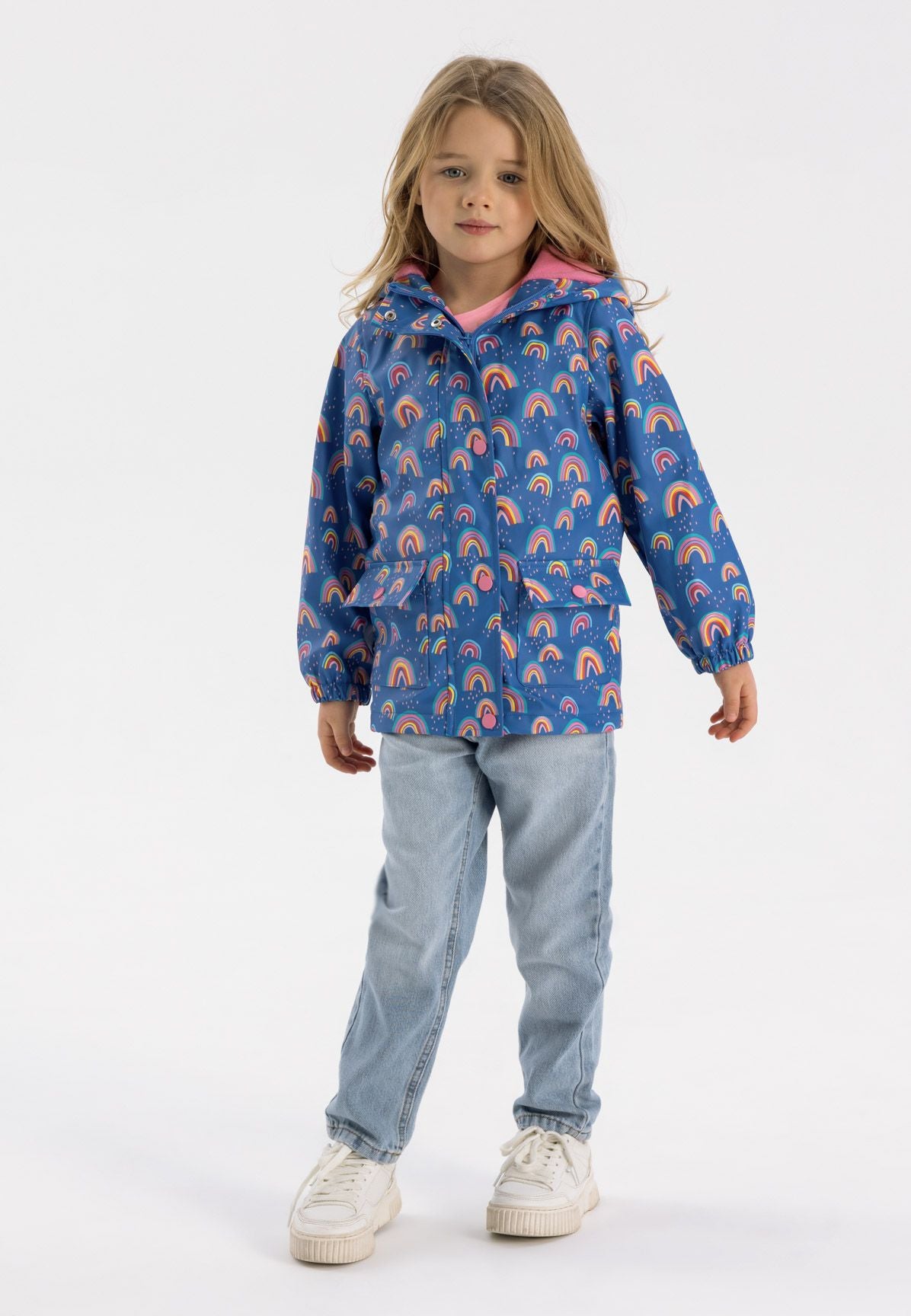 Hooded Rain Jacket, Rainbow Print, Cobalt Blue - 1