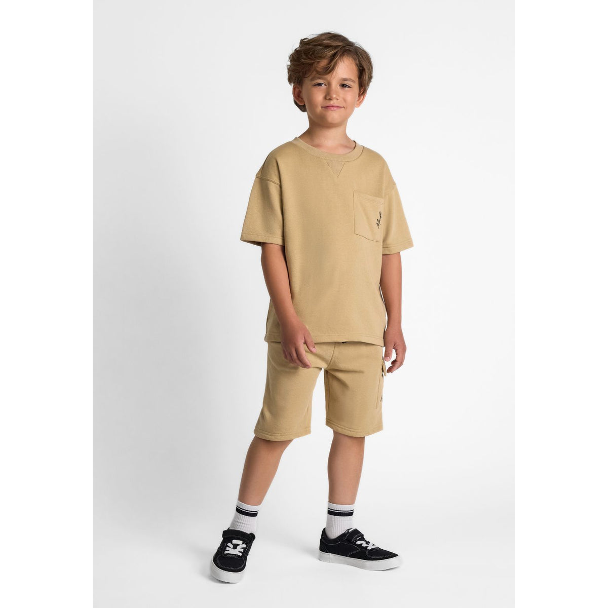 Boys' t-shirt and cargo shorts set in beige — complete product view for square Shop card