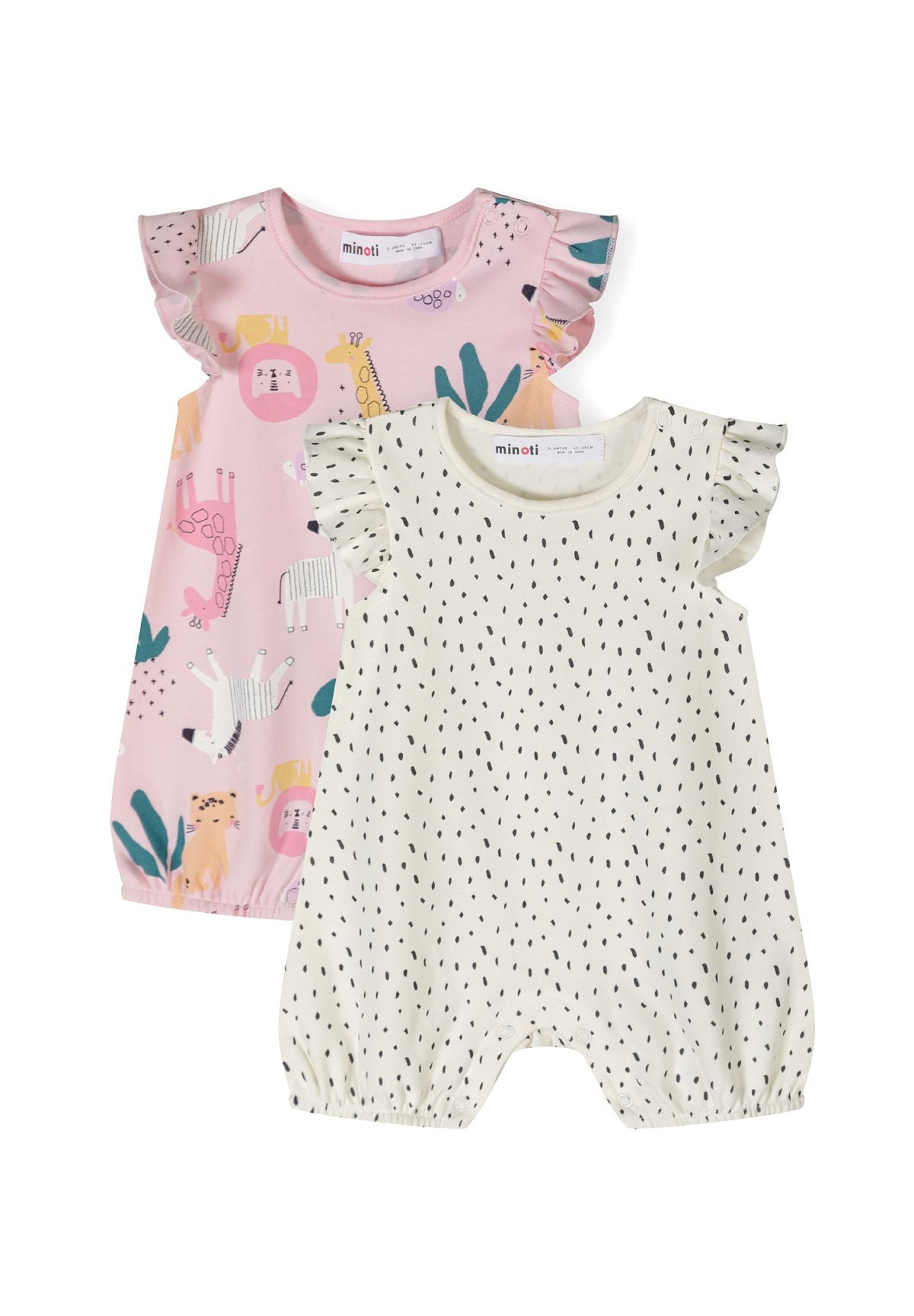 Cream and pink rompers, both fronts.