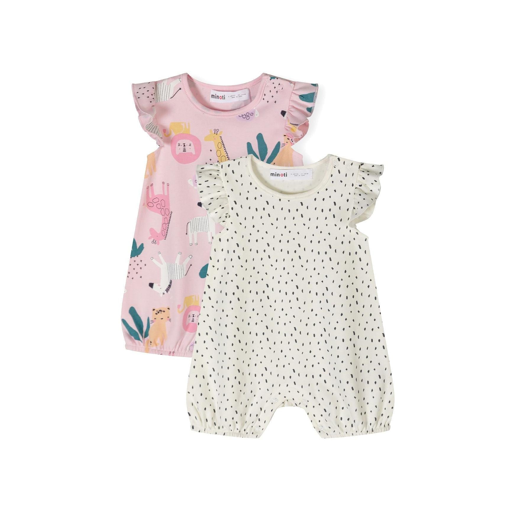 Two baby rompers displayed flat - pink romper with colorful safari animals including giraffe and lion, and cream romper with small black dot pattern, both featuring flutter sleeves