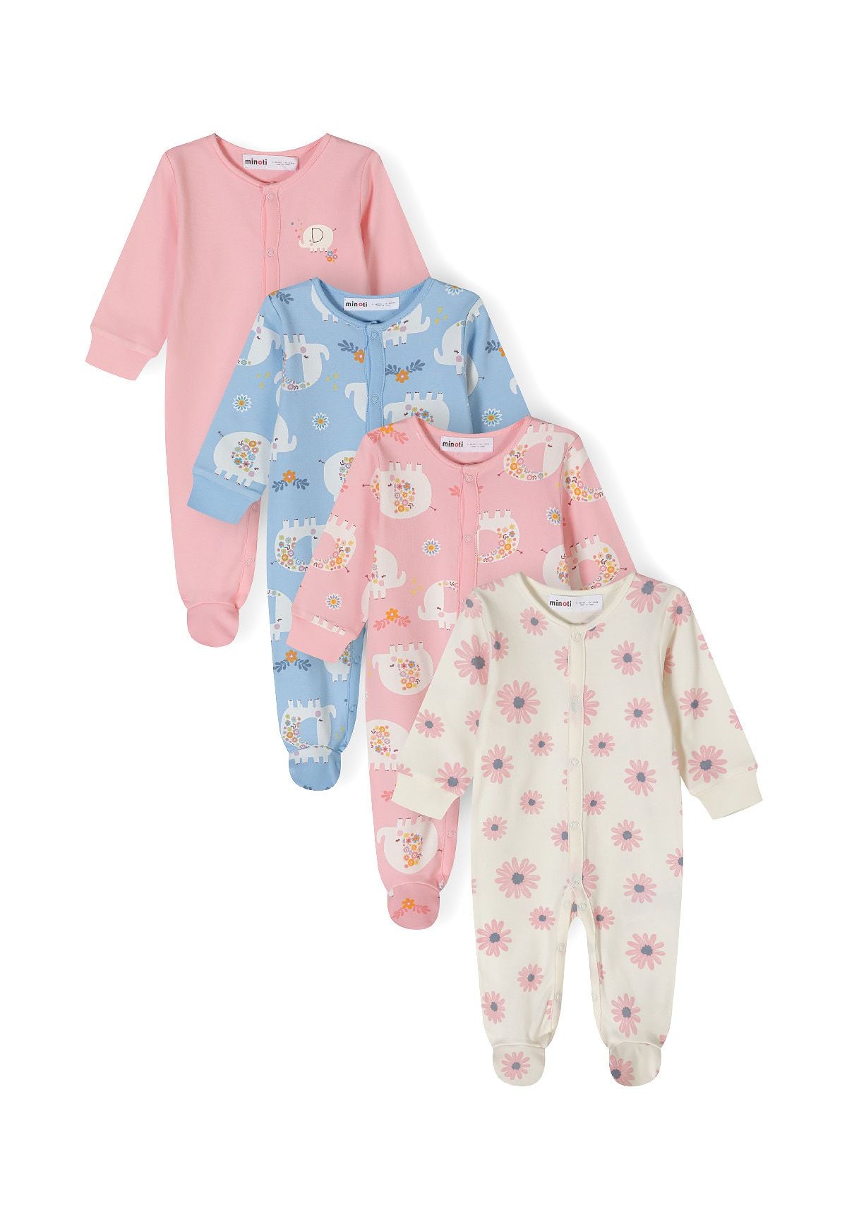 Pink, blue and cream sleepsuits, four fronts.