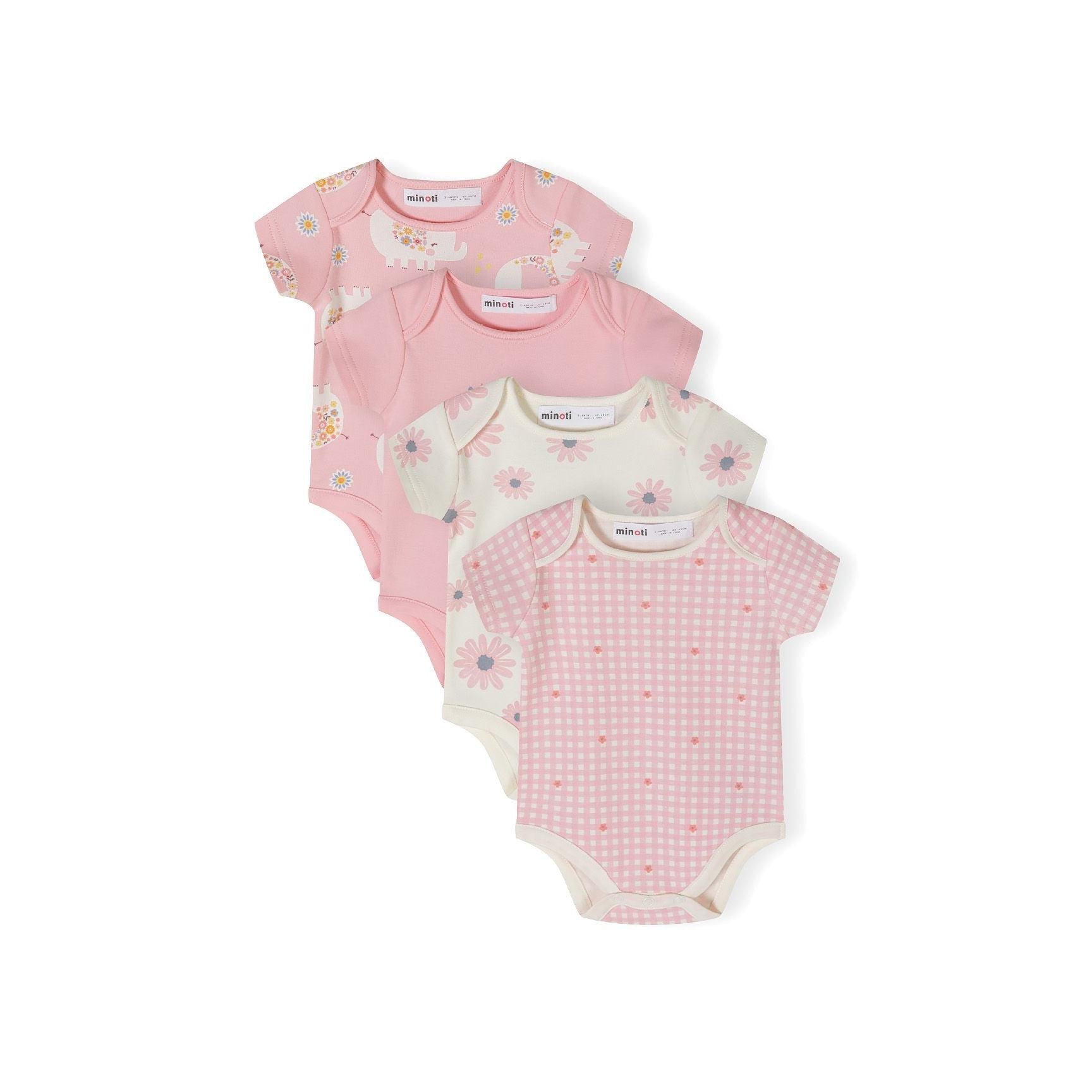 Four light pink baby bodysuits arranged in a fan layout showing different prints including elephant pattern, solid pink, floral design, and gingham check