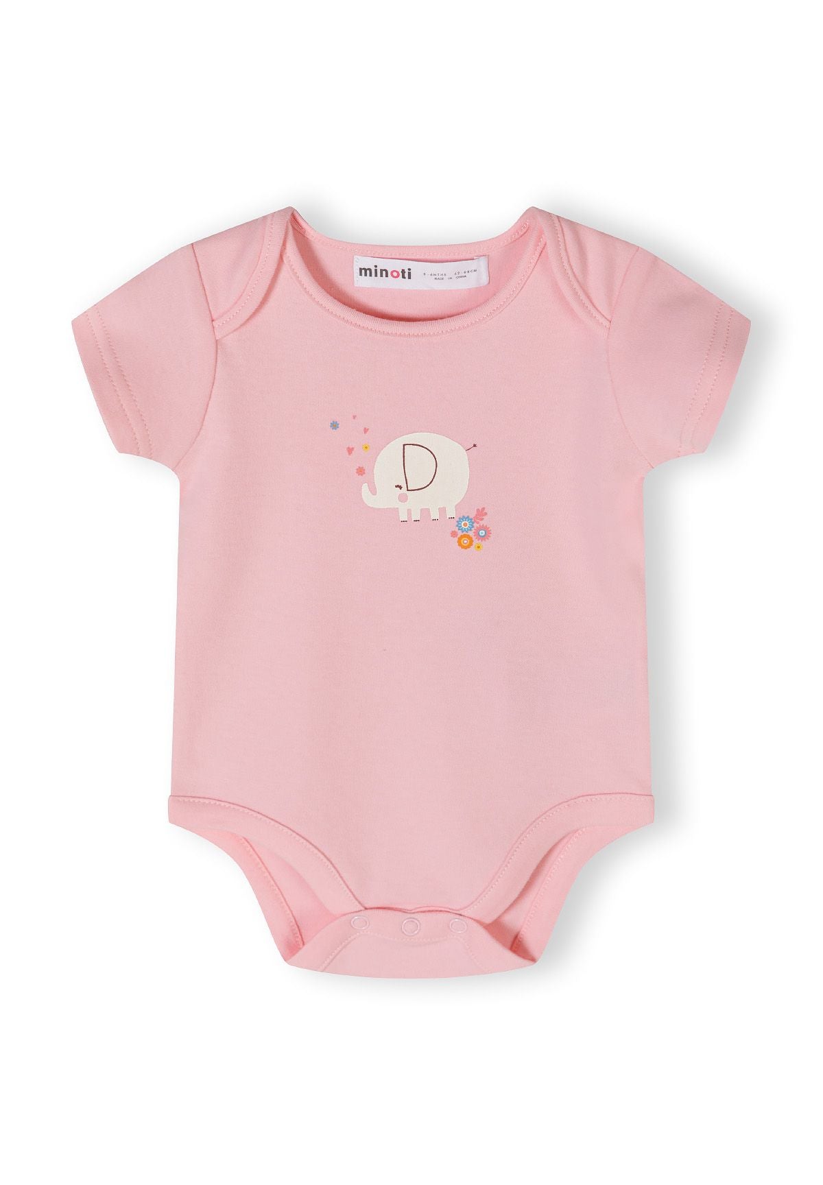 Pink, blue and cream short-sleeved bodysuits, pink graphic front.