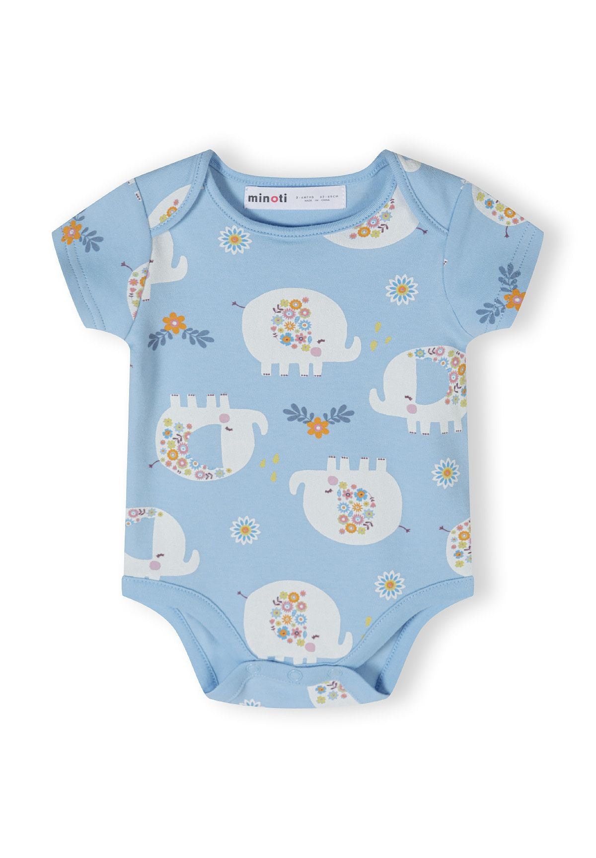Pink, blue and cream short-sleeved bodysuits, blue elephant front.