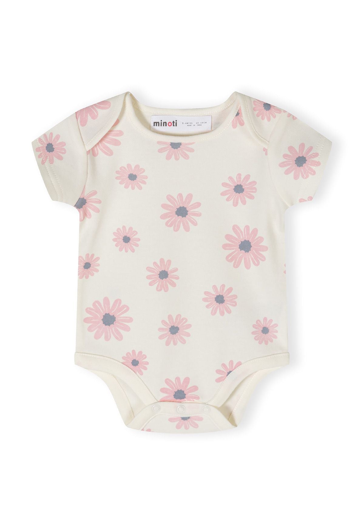 Pink, blue and cream short-sleeved bodysuits, cream floral front.