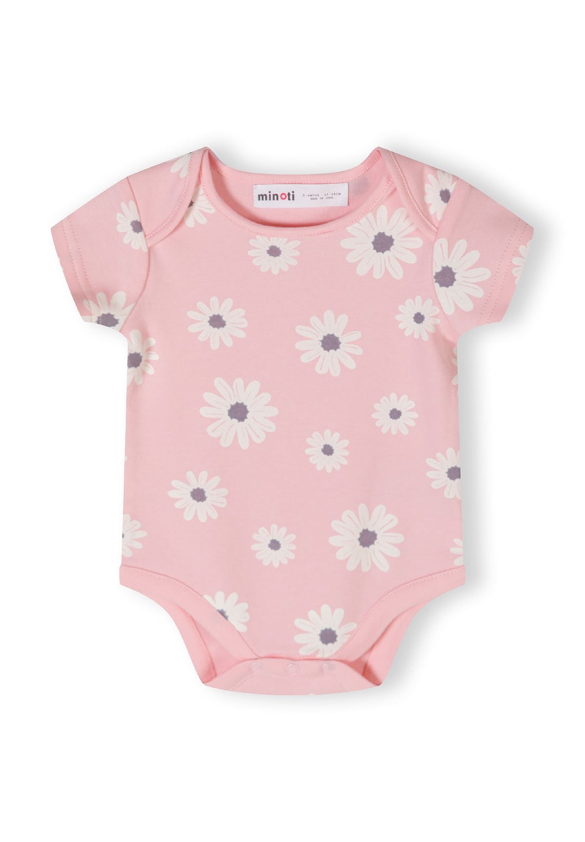 Pink, blue and cream short-sleeved bodysuits, pink floral front.