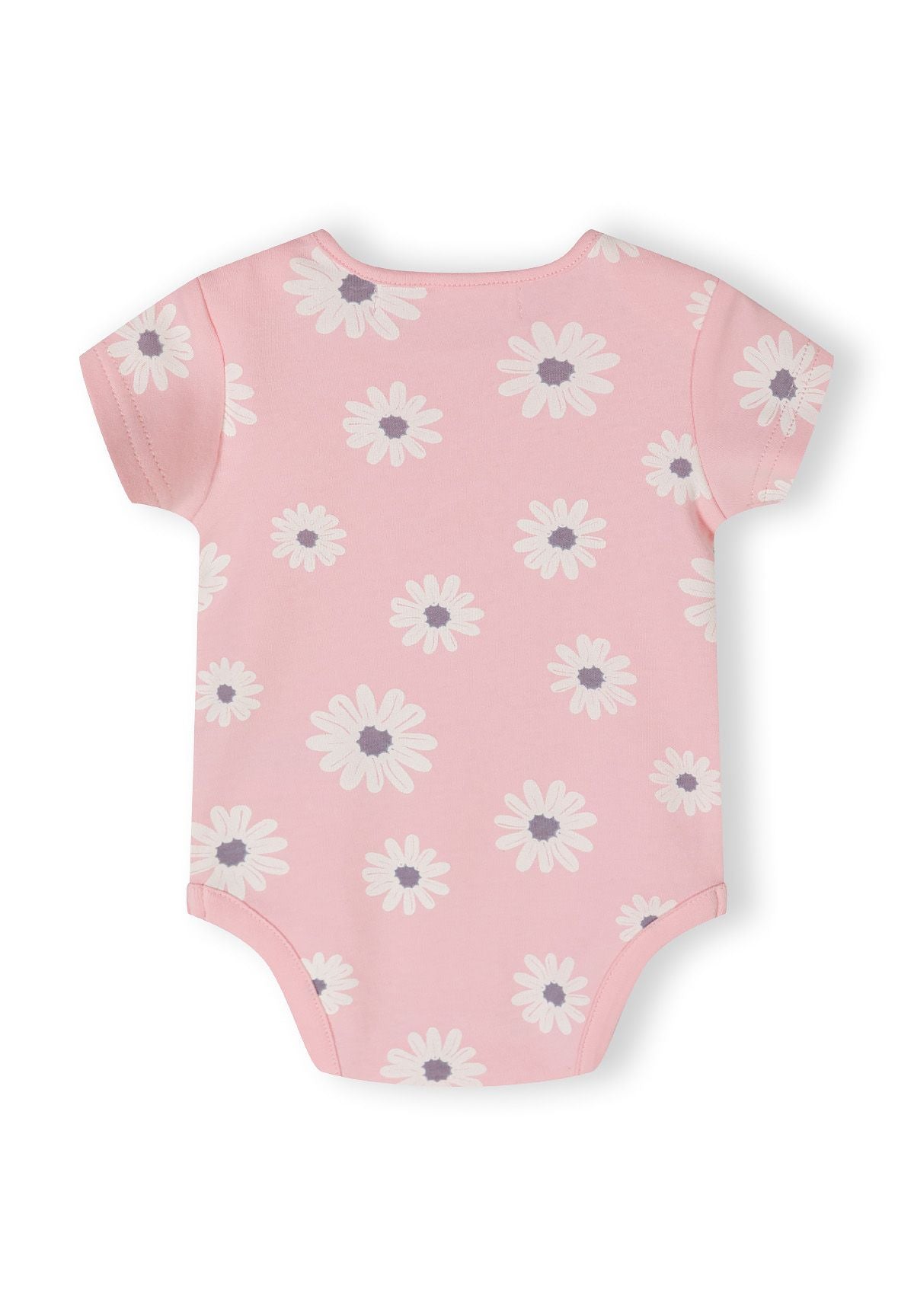 Pink, blue and cream short-sleeved bodysuits, pink floral back.