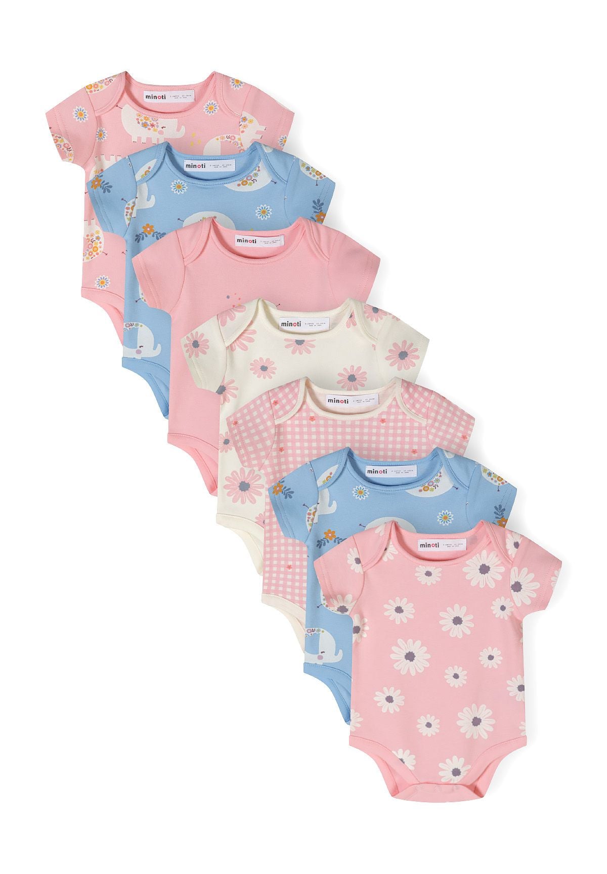 Pink, blue and cream short-sleeved bodysuits, seven bodysuits front.