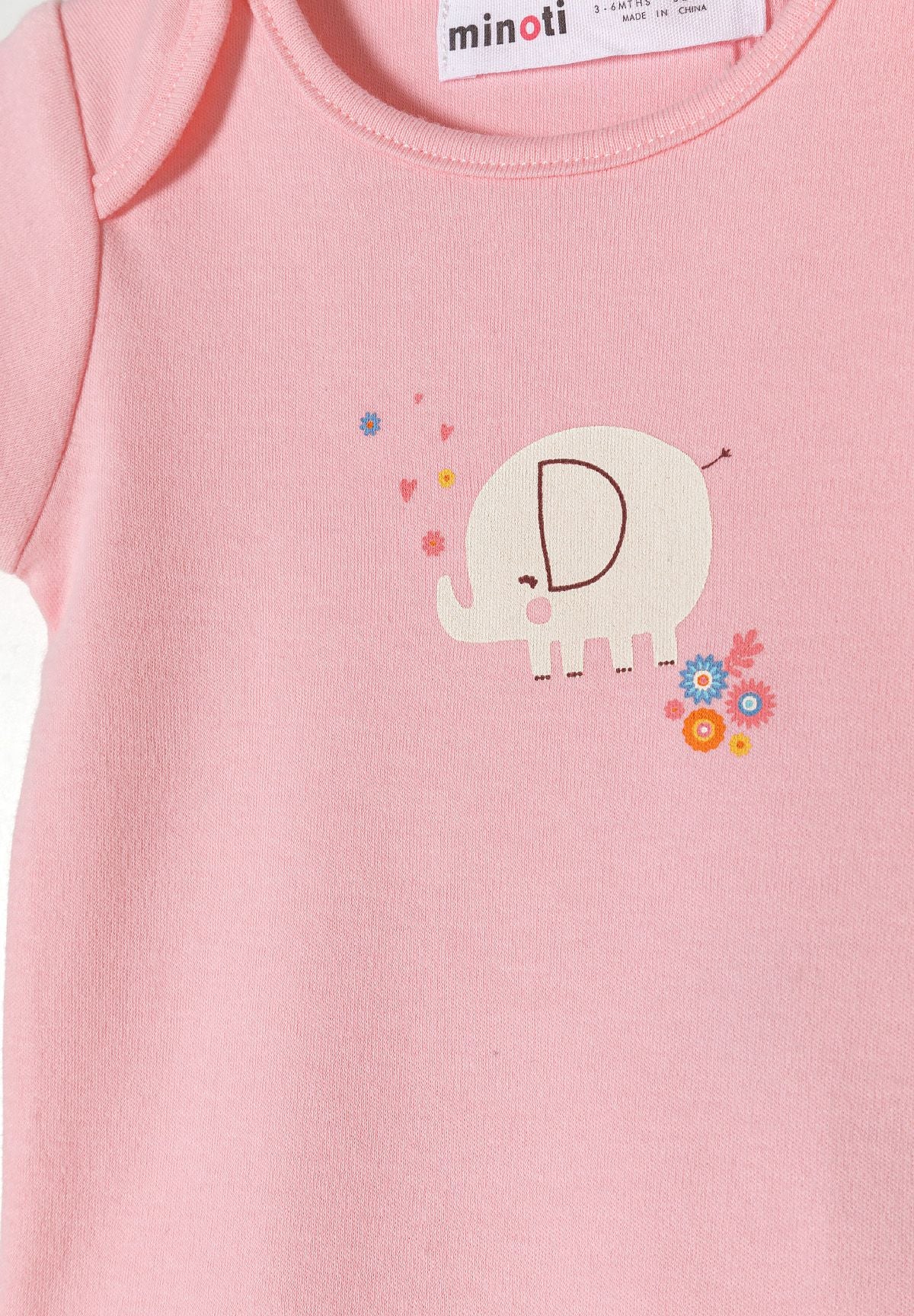 Pink, blue and cream short-sleeved bodysuits, elephant graphic detail.